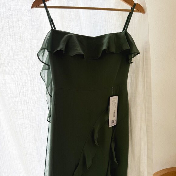 Brand New Barbie x Azazie Chiffon Ruffle Column Dress with Leg Slit Eucalyptus - Picture 5 of 8